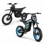 Buzymoto DAT70 Blue and Terrawulf M7 electric dirt motorcycles combo, front left view