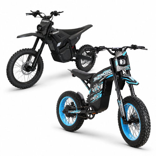 Buzymoto DAT70 Blue and Terrawulf M7 electric dirt motorcycles combo, front left view