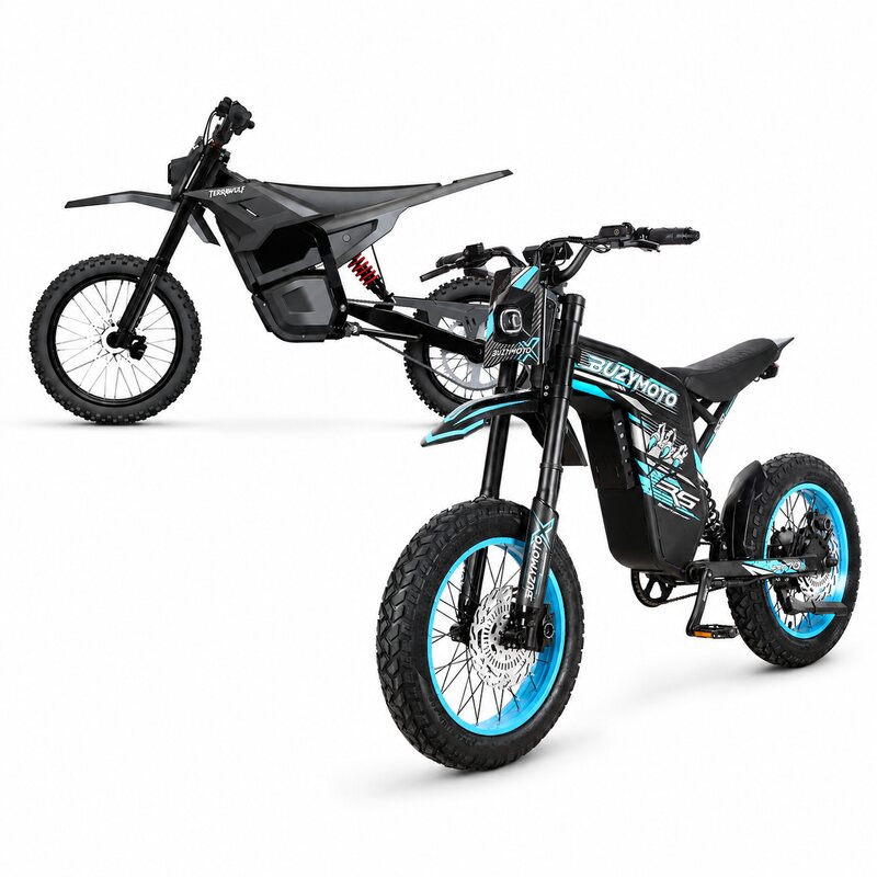 Buzymoto DAT70 Blue and Terrawulf M7 electric dirt motorcycles combo, front right view
