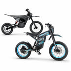 Buzymoto DAT70 Blue and Terrawulf M7 electric dirt motorcycles combo, right side view