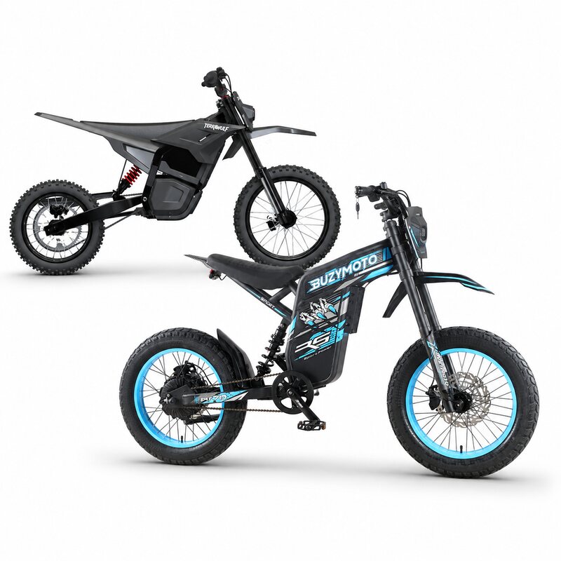 Buzymoto DAT70 Blue and Terrawulf M7 electric dirt motorcycles combo, right side view