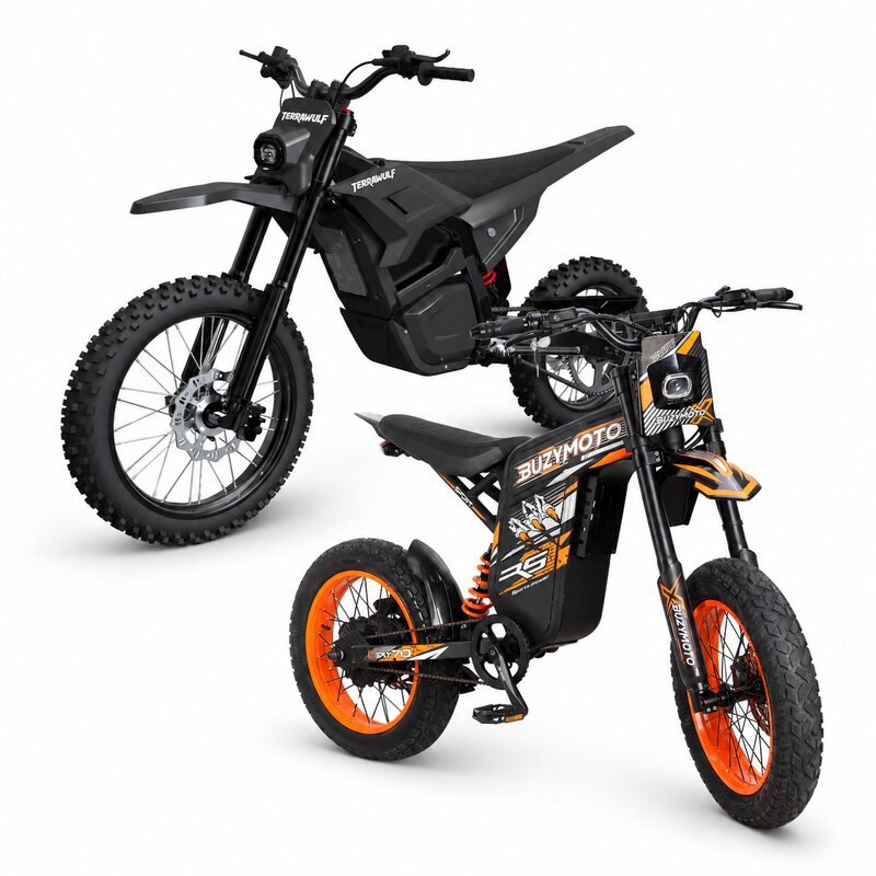 Side view of Buzymoto DAT70 Orange eBike and Terrawulf M7 electric dirt bike combo