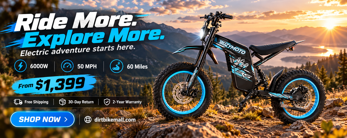 A dirt bike electric scooter is shown outdoors 